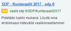 SDP:n Ads -mainos kuntavaaleissa 2017