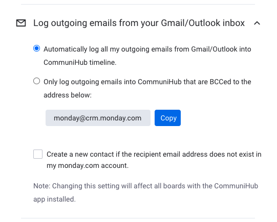 monday.com Sähköpostisovellus Communihub - automaattinen sähköpostien lähetysloki Gmail ja Outlookin sähköposteista