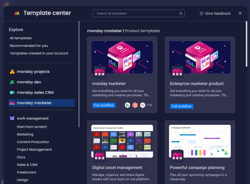 monday.com template centerin uusi ulkoasu